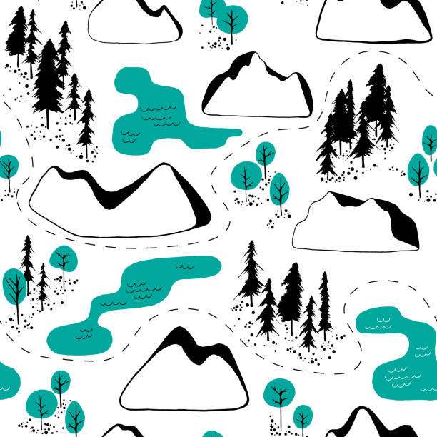 Outdoor map pattern Abstract hand drawn outdoor map. Mountains and forest background. drawing of purple coneflower stock illustrations