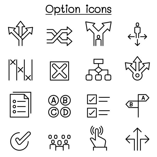 ikona opcji ustawiona w stylu cienkiej linii - decyzje stock illustrations