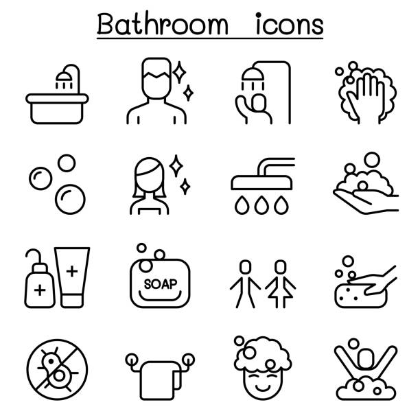 illustrations, cliparts, dessins animés et icônes de jeu d’icônes de la salle de bain dans le style de ligne fine - shower silhouette women people