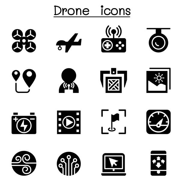 illustrations, cliparts, dessins animés et icônes de jeu d’icônes de drone - drone militaire