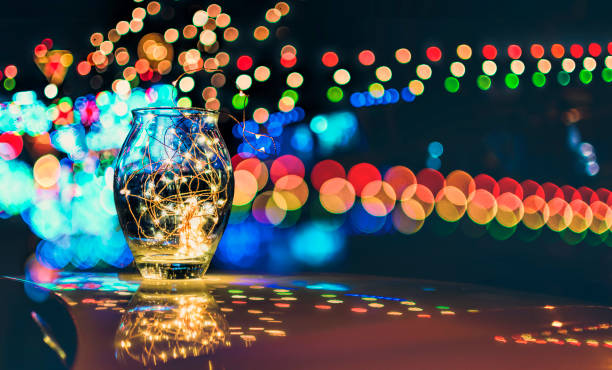 Abstract bokeh of festive lights through a glass jar at twilight