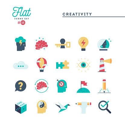 Creativity, imagination, problem solving, mind power and more, flat icons set, vector illustration