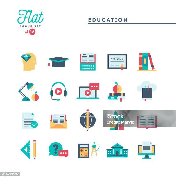 Istruzione Libri Online Apprendimento A Distanza Webinar E Altro Ancora Set Di Icone Piatte - Immagini vettoriali stock e altre immagini di Icona