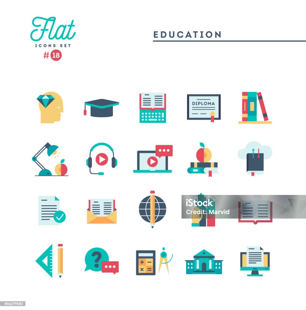 Education, online books, distance learning, webinar and more, flat icons set Education, online books, distance learning, webinar and more, flat icons set, vector illustration Icon Symbol stock vector