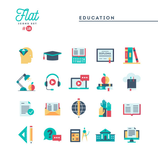 Education, online books, distance learning, webinar and more, flat icons set Education, online books, distance learning, webinar and more, flat icons set, vector illustration library illustrations stock illustrations