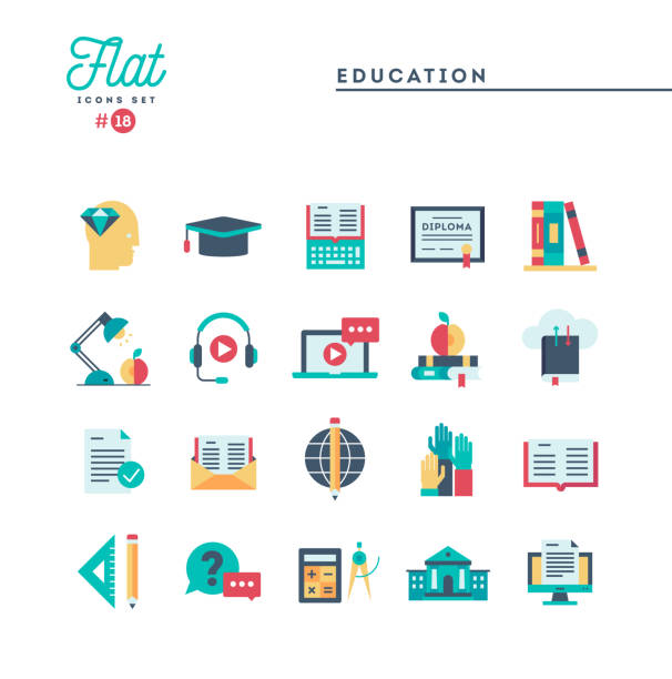 Education, online books, distance learning, webinar and more, flat icons set Education, online books, distance learning, webinar and more, flat icons set, vector illustration mathematics symbol computer icon science stock illustrations