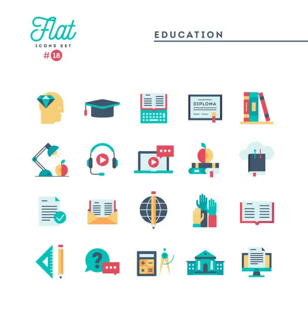 Vector illustration of Education, online books, distance learning, webinar and more, flat icons set