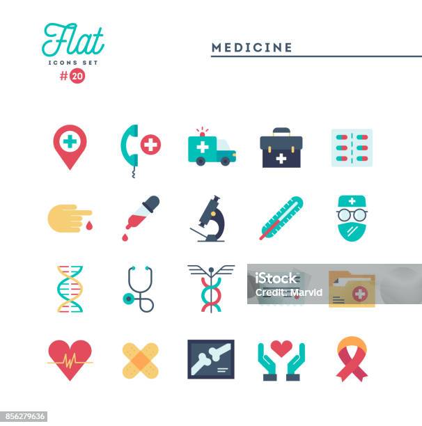 Medicine Health Care Emergency Pharmacology And More Flat Icons Set Stock Illustration - Download Image Now