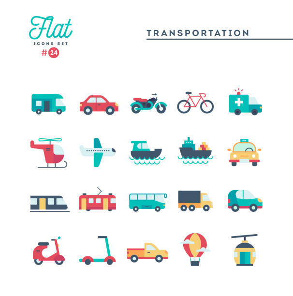 illustrazioni stock, clip art, cartoni animati e icone di tendenza di trasporti e veicoli, set icone piatte - automobile illustrazioni