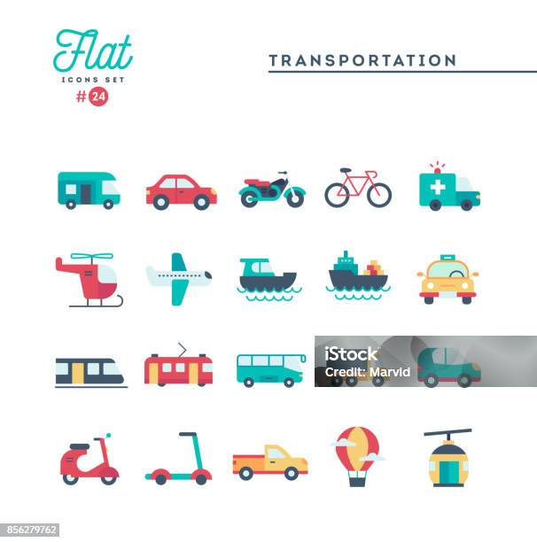 운송 및 차량 평면 아이콘 세트 교통수단에 대한 스톡 벡터 아트 및 기타 이미지 - 교통수단, 차, 아이콘