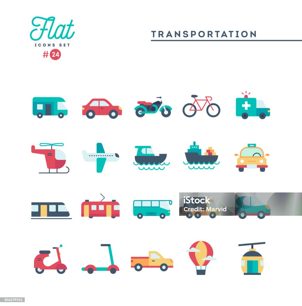 Transportation and vehicles, flat icons set Transportation and vehicles, flat icons set, vector illustration Mode of Transport stock vector
