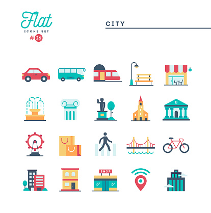 City, transportation, culture, shopping and more, flat icons set, vector illustration
