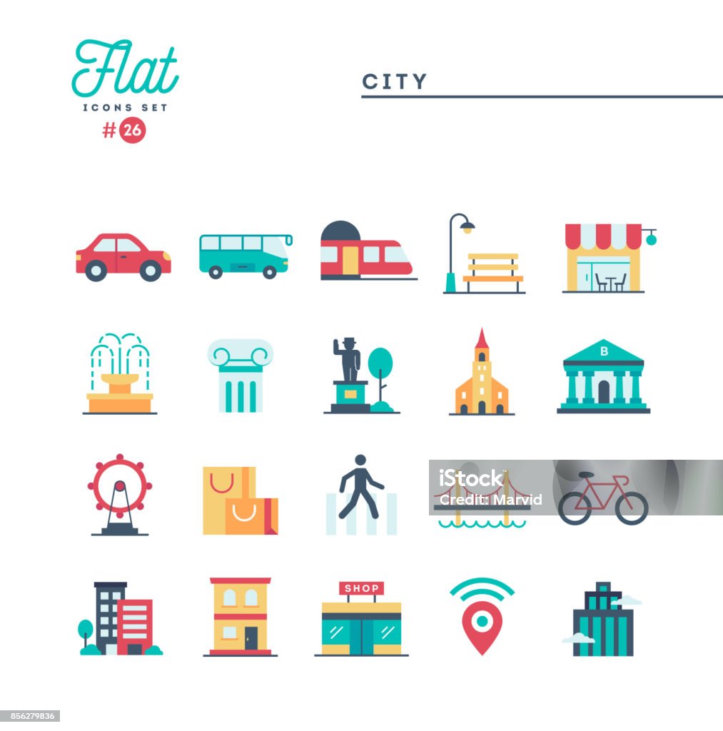 City, transportation, culture, shopping and more, flat icons set City, transportation, culture, shopping and more, flat icons set, vector illustration Icon Symbol stock vector