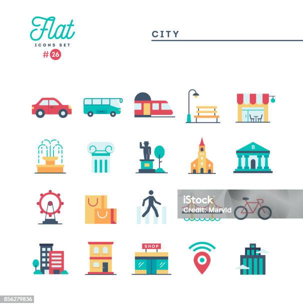 City Transportation Culture Shopping And More Flat Icons Set Stock Illustration - Download Image Now