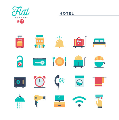 Hotel, accommodation, room service, restaurant and more, flat icons set, vector illustration
