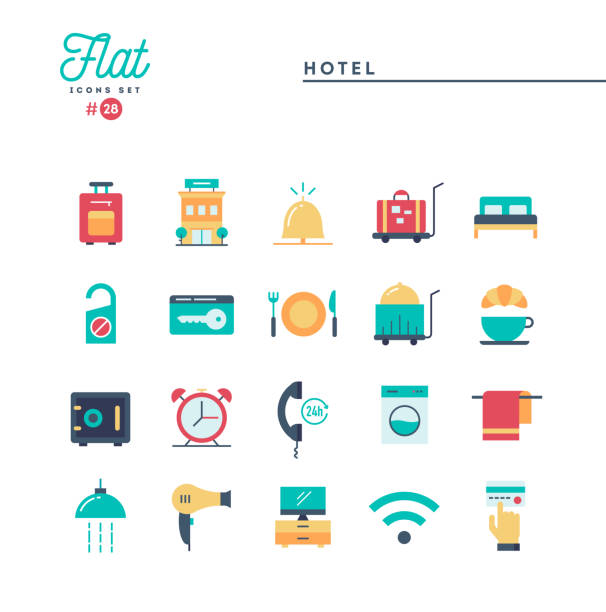 Hotel, accommodation, room service, restaurant and more, flat icons set Hotel, accommodation, room service, restaurant and more, flat icons set, vector illustration flat icons stock illustrations
