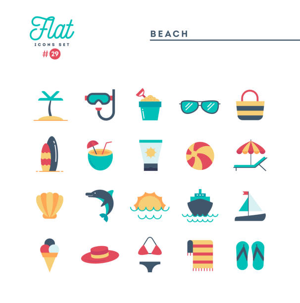 illustrazioni stock, clip art, cartoni animati e icone di tendenza di spiaggia tropicale, estate, vacanza, crociera e altro ancora, set icone piatte - ship coast illustrations