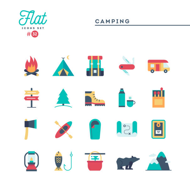 Camping, hiking, wilderness, adventure and more, flat icons set Camping, hiking, wilderness, adventure and more, flat icons set, vector illustration hiking icons stock illustrations