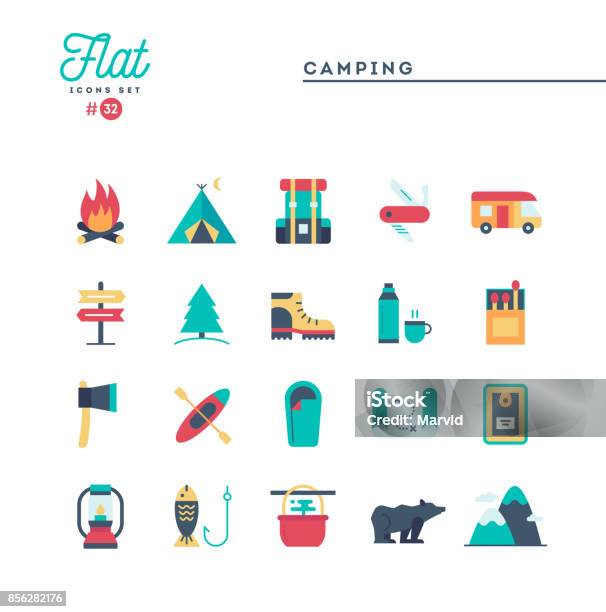 Camping Hiking Wilderness Adventure And More Flat Icons Set Stock Illustration - Download Image Now