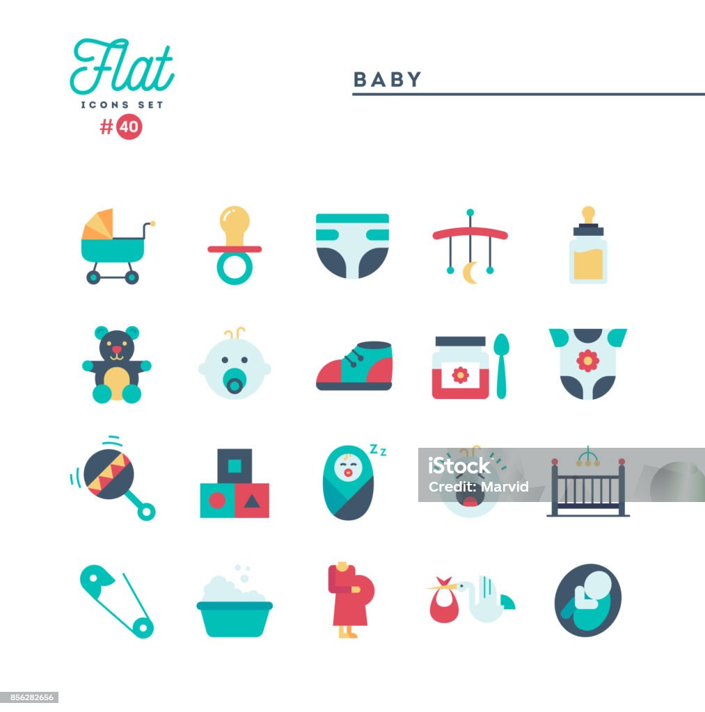 Baby, pregnancy, birth, toys and more, flat icons set Baby, pregnancy, birth, toys and more, flat icons set, vector illustration Baby - Human Age stock vector