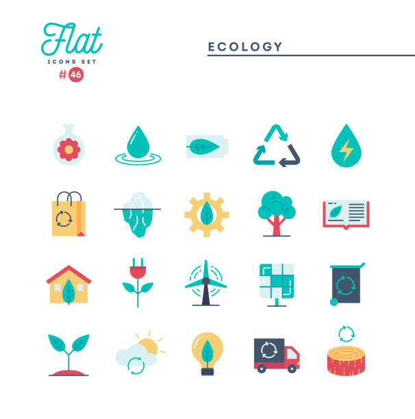 экология, природа, чистая энергия, переработка и многое другое, плоские иконки набор - rescue energy tree earth stock illustrations
