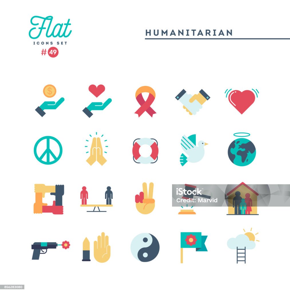 Humanitäre Hilfe, setzen Frieden, Gerechtigkeit, Menschenrechte und mehr, flache Symbole - Lizenzfrei Icon Vektorgrafik