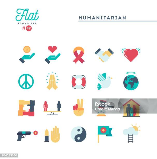 Humanitäre Hilfe Setzen Frieden Gerechtigkeit Menschenrechte Und Mehr Flache Symbole Stock Vektor Art und mehr Bilder von Icon