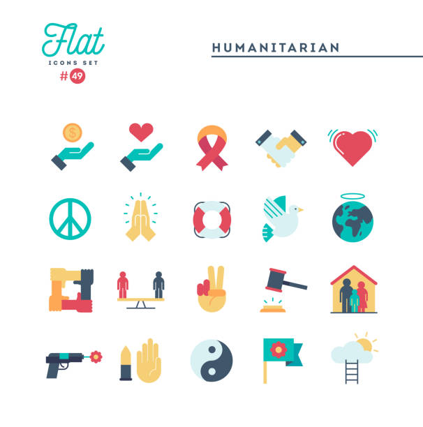 illustrazioni stock, clip art, cartoni animati e icone di tendenza di set di icone umanitarie, di pace, di giustizia, dei diritti umani e altro ancora, icone piatte - charity and relief work immagine