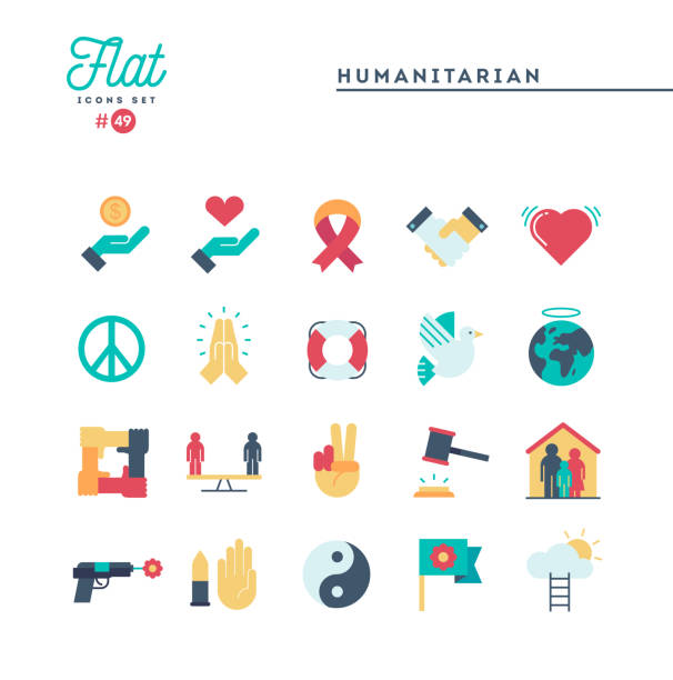Humanitarian, peace, justice, human rights and more, flat icons set Humanitarian, peace, justice, human rights and more, flat icons set, vector illustration dove earth globe symbols of peace stock illustrations