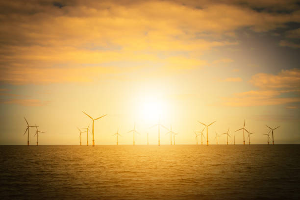 istock Sunset Offshore Wind Turbine in a Wind farm under construction off the England coast 856289002