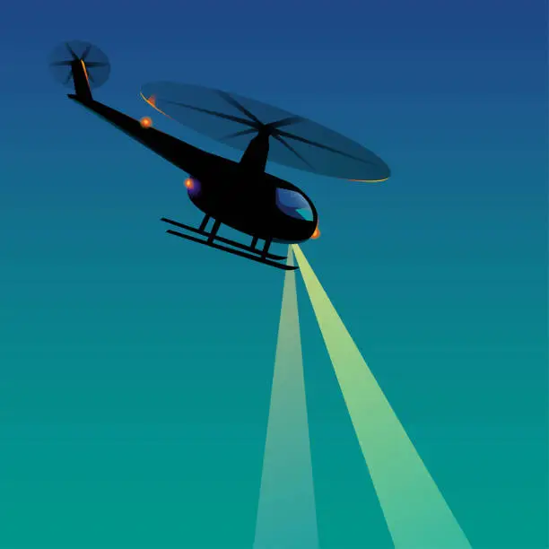 Vector illustration of Vector Rescue helicopter night searchlight lights watching police adventure silhouette