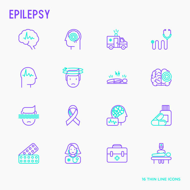 illustrations, cliparts, dessins animés et icônes de épilepsie fine ligne icônes ensemble de symptômes et traitements : convulsions, vertiges, trouble, scanner du cerveau. journée mondiale de l’épilepsie. illustration vectorielle. - epilepsy