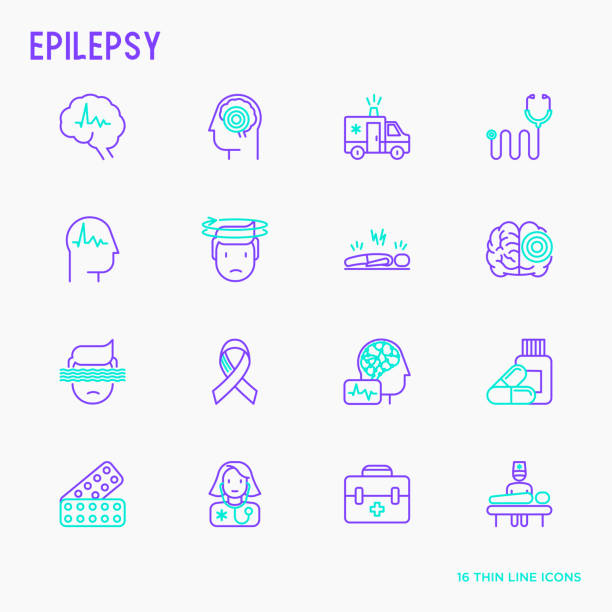 Epilepsy thin line icons set of symptoms and treatments: convulsion, disorder, dizziness, brain scan. World epilepsy day. Vector illustration. Epilepsy thin line icons set of symptoms and treatments: convulsion, disorder, dizziness, brain scan. World epilepsy day. Vector illustration. patient patterns stock illustrations