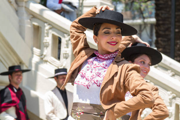 Santiago de Chile, Chile - September 18, 2017: 'Cueca' Chilean typical dance performed by women in a National day on Chile at Parque Forestal, Santiago's downtown.