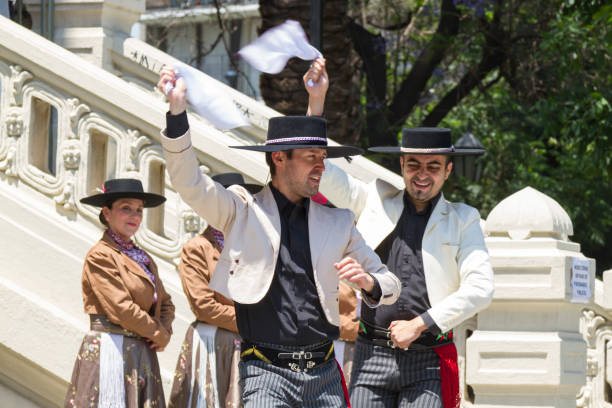 Santiago de Chile, Chile - September 18, 2017: 'Cueca' Chilean typical dance performed by a couples in a National day on Chile at Parque Forestal, Santiago's downtown.