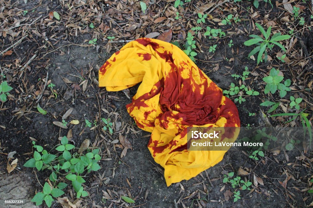 Bloody Shirt in Woods bloody yellow shirt in woods Crime Scene Stock Photo