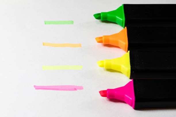 Highlighter on a white background. Office Mazaki to the sketch lie on a white countertop. White background.