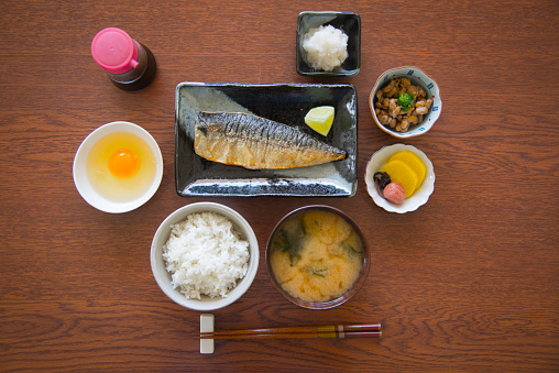 traditional japanese breakfast with mackerel