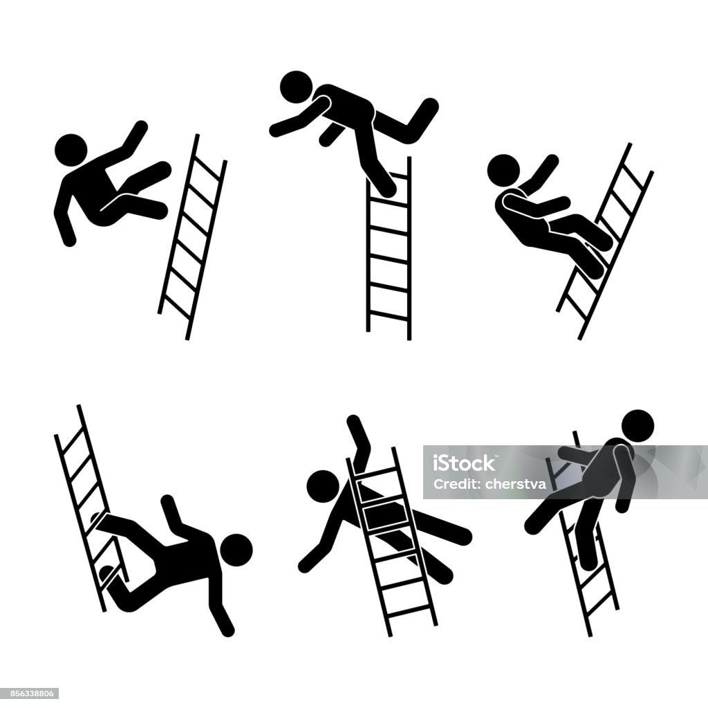 Man falling off a ladder stick figure pictogram. Different positions of flying person icon set symbol posture on white Ladder stock vector