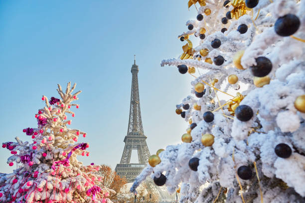 Albero di Natale coperto di neve vicino alla Torre Eiffel a Parigi - foto stock