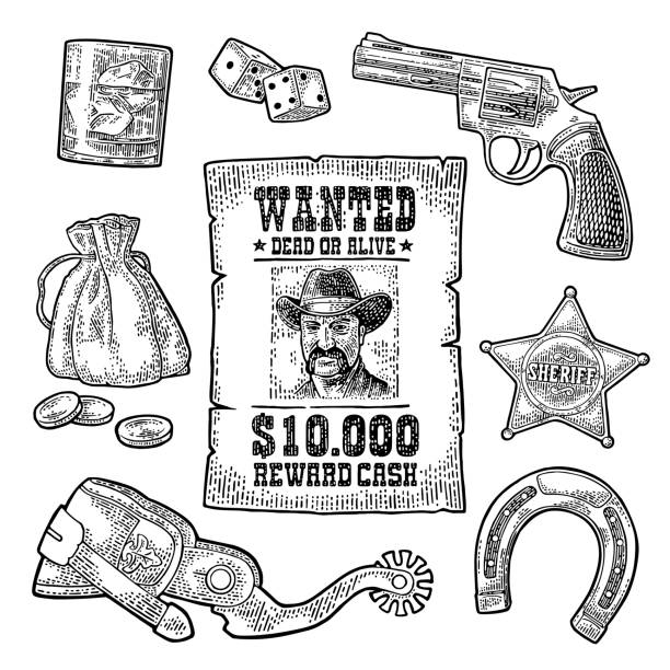 illustrazioni stock, clip art, cartoni animati e icone di tendenza di set con wild west e simboli da casinò. illustrazione nera incisione vintage vettoriale - wanted poster wild west poster law