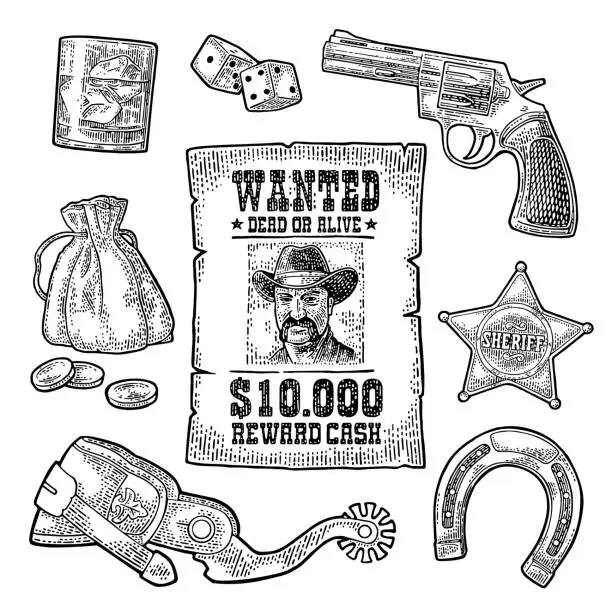 Vector illustration of Set with Wild West and casino symbols. Vector vintage engraving black illustration