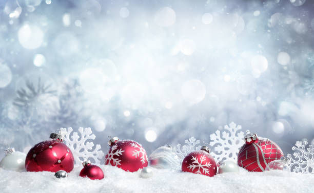 istock Christmas Card - Red Baubles And Snowflakes With Snowfall 856365798