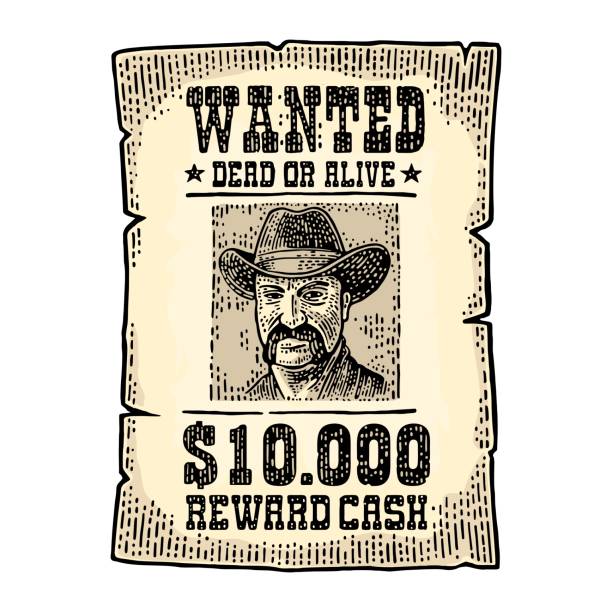 illustrazioni stock, clip art, cartoni animati e icone di tendenza di poster ricercato con l'uomo con il cappello. incisione vintage - wanted poster wild west poster law