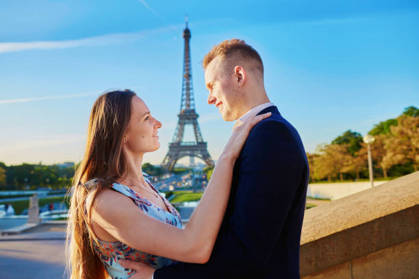 istock Romantic couple near the Eiffel tower in Paris 856366288