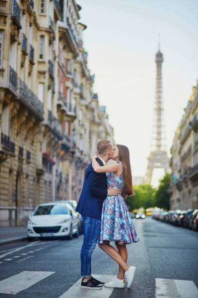 Romantic couple near the Eiffel tower in Paris