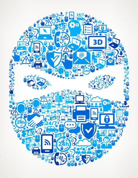 Ninja Mask Tech Support Vector Icon Pattern Ninja Mask Tech Support Vector Icon Pattern. The main shape of this vector illustration is made up of computer tech support icons. The icons vary in size and shade of blue color and create a seamless pattern to fill in the entire object. The background is light in color. Icons include such popular technology iconography as laptop computer, smart phone, tech support and many more. stick figure ninja stock illustrations