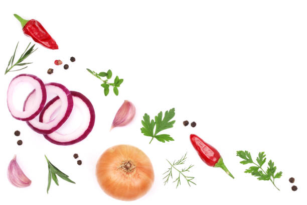 onions, garlic, hot pepper and spices isolated on white background. Top view.