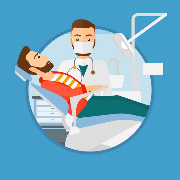 пациент и врач в кабинете стоматолога - dentist dentist office dentists chair cartoon stock illustrations