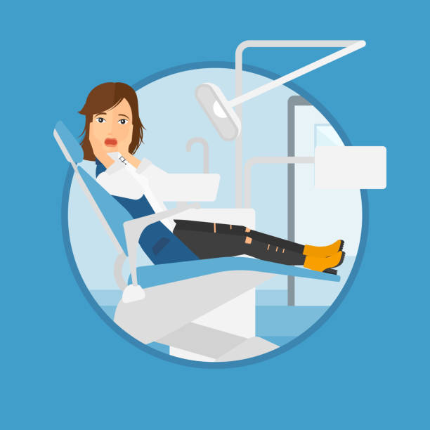 ilustraciones, imágenes clip art, dibujos animados e iconos de stock de paciente asustado en la silla dental - dentist dentist office dentists chair cartoon